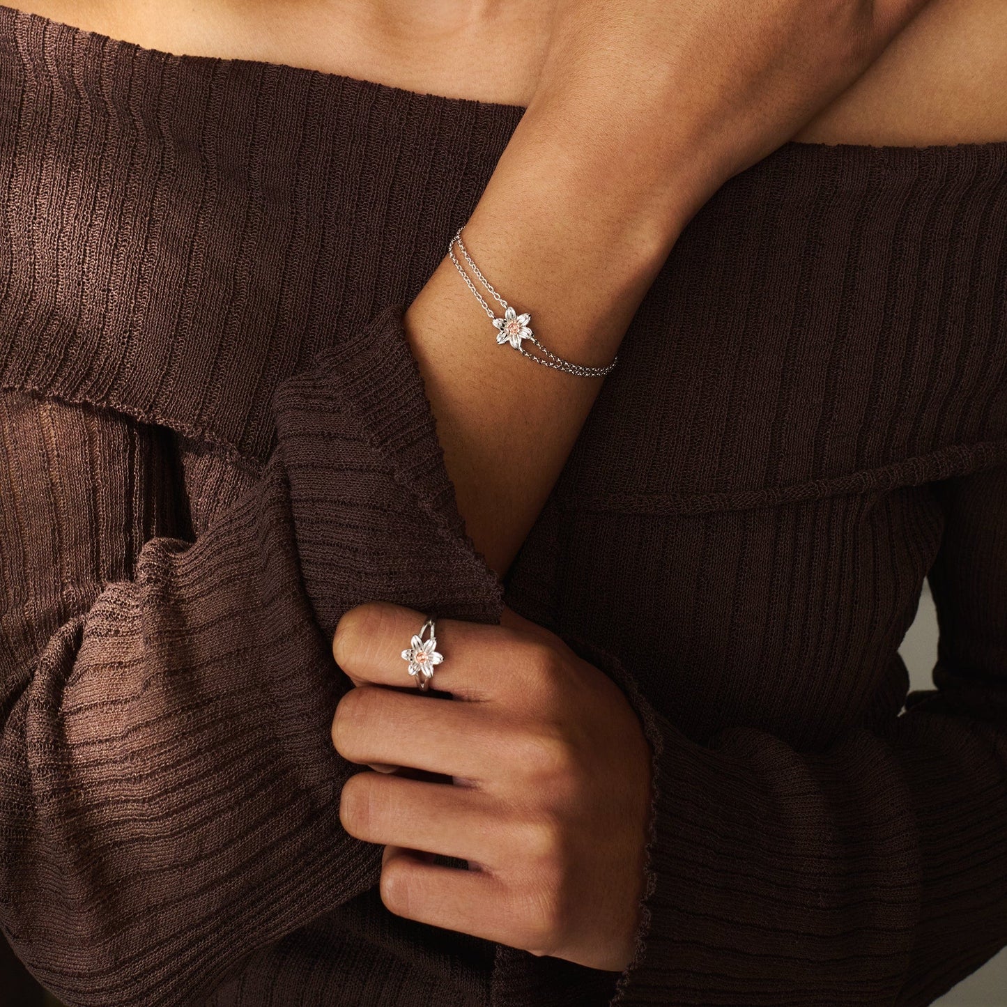 Nature's Wonder Sterling Silver Daffodil Double-Chain Bracelet