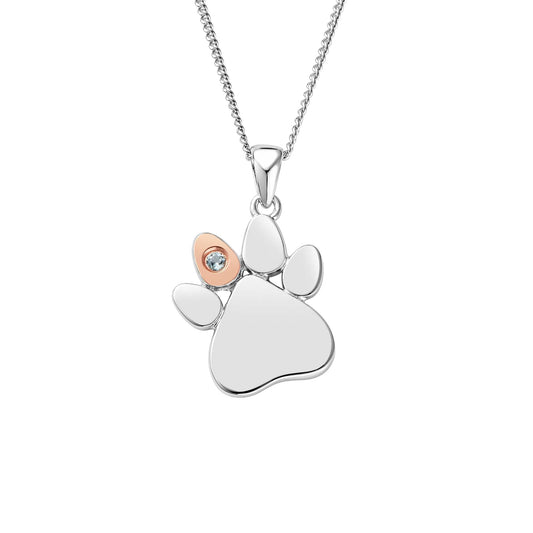Paw Prints Sterling Silver Birthstone Pendant for March with Aquamarine