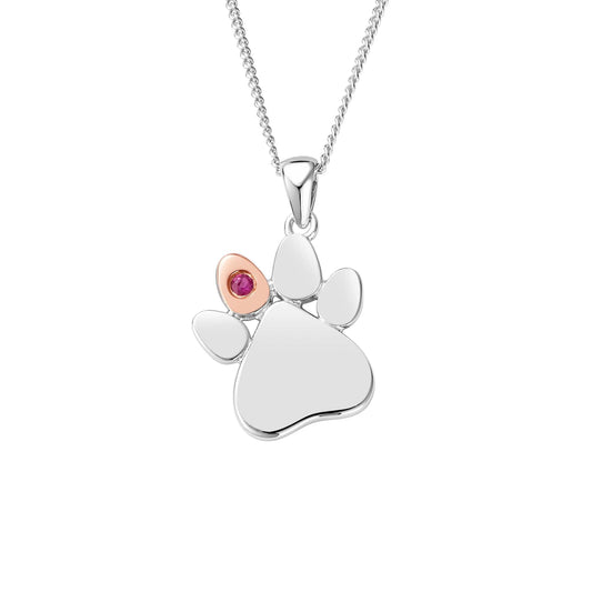 Paw Prints Sterling Silver Birthstone Pendant for July with Ruby