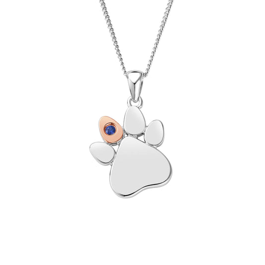 Paw Prints Sterling Silver Birthstone Pendant for September with Sapphire