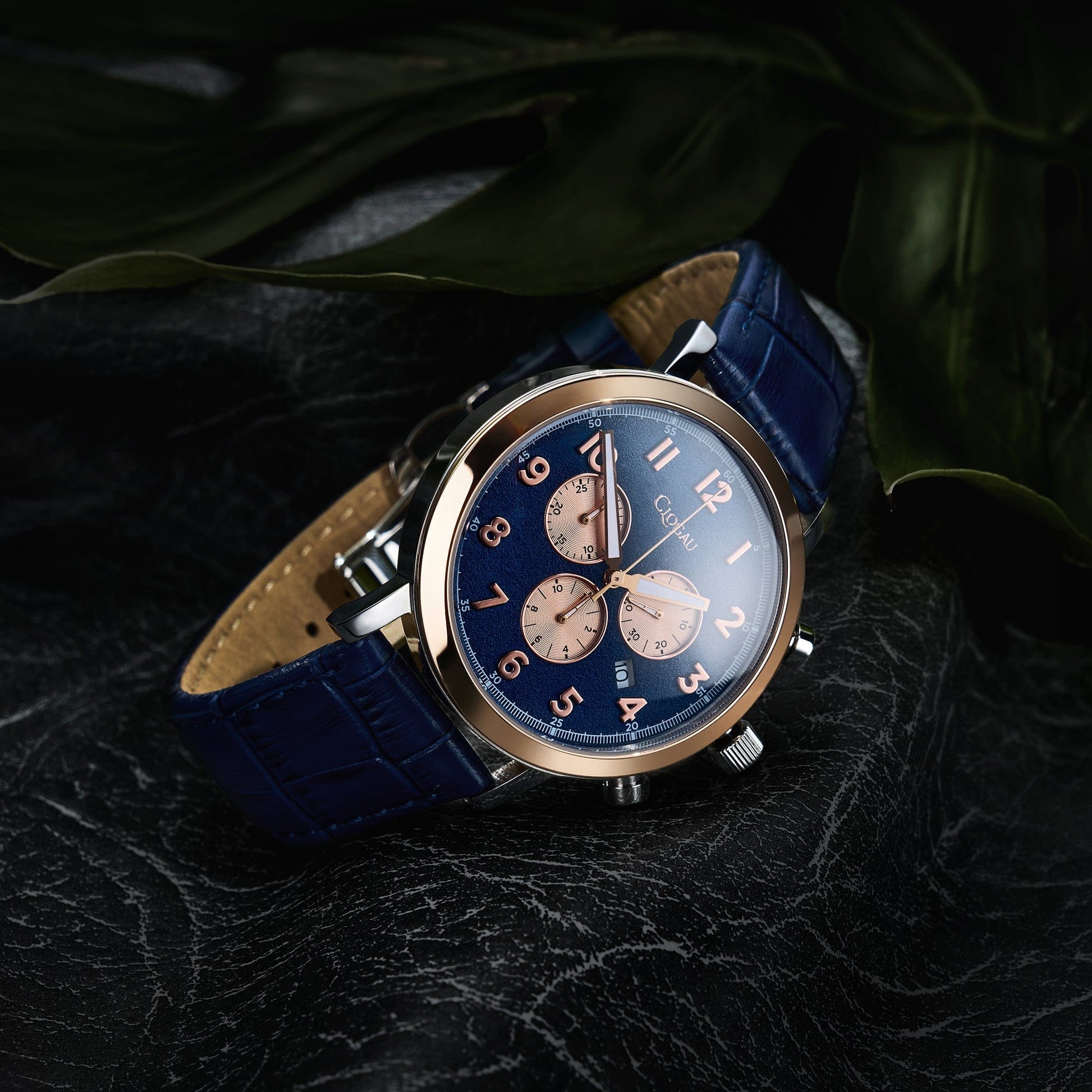Gwynant Rose Gold-Tone Watch with Navy Blue Leather Strap – Clogau