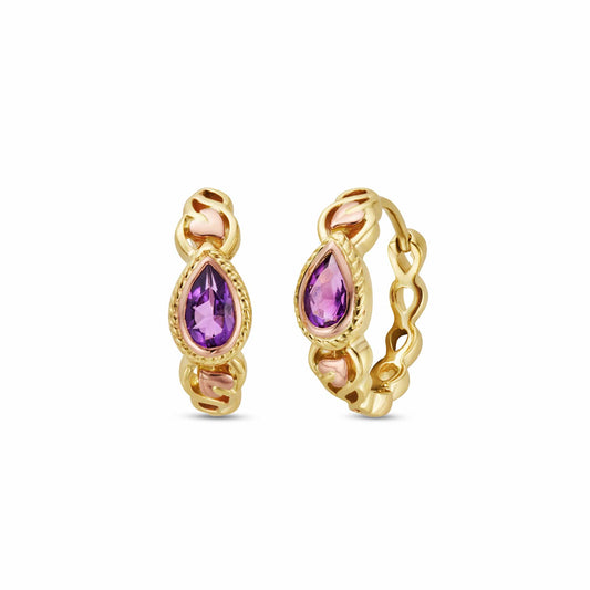 Royal Clogau® 9ct Solid Gold Delphinium Huggie Hoop Earrings with Amethysts