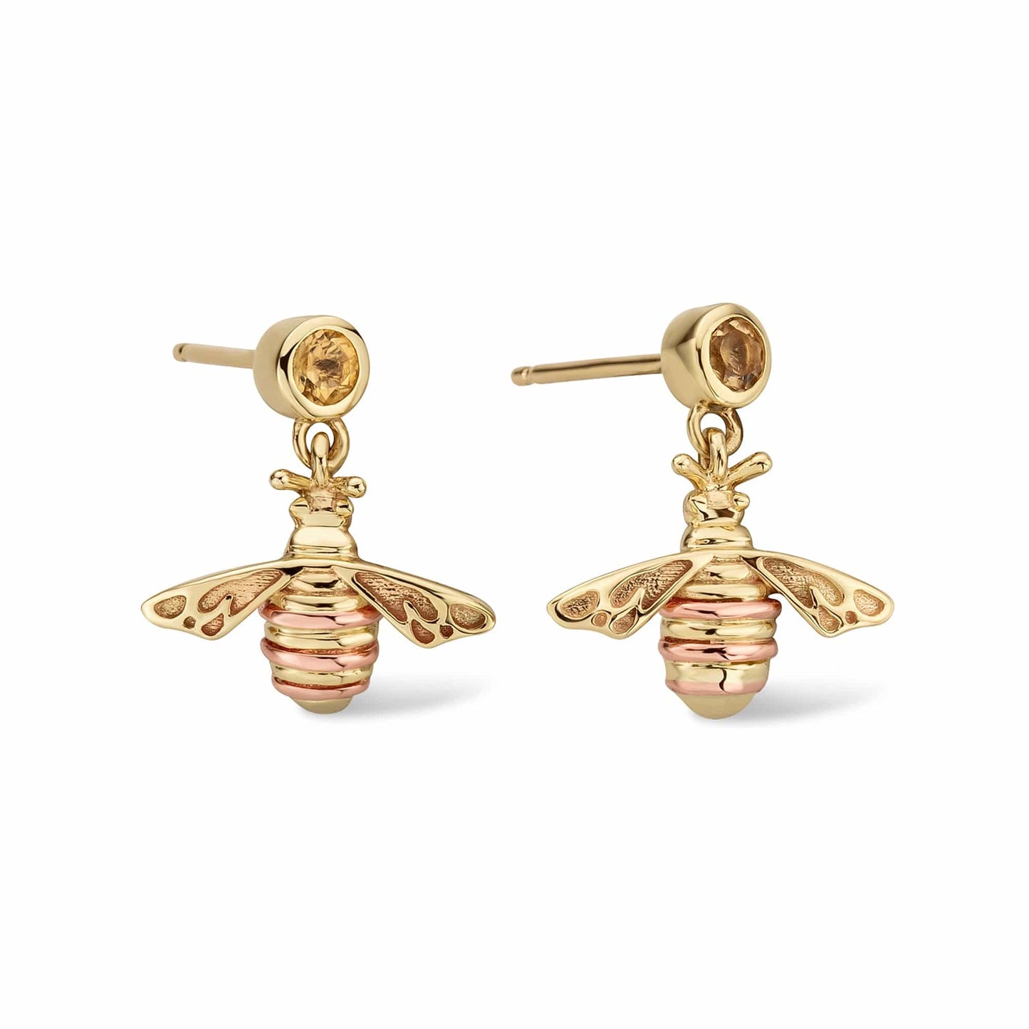 Nature's Wonder 9ct Solid Gold Honey Bee Drop Earrings with Citrine