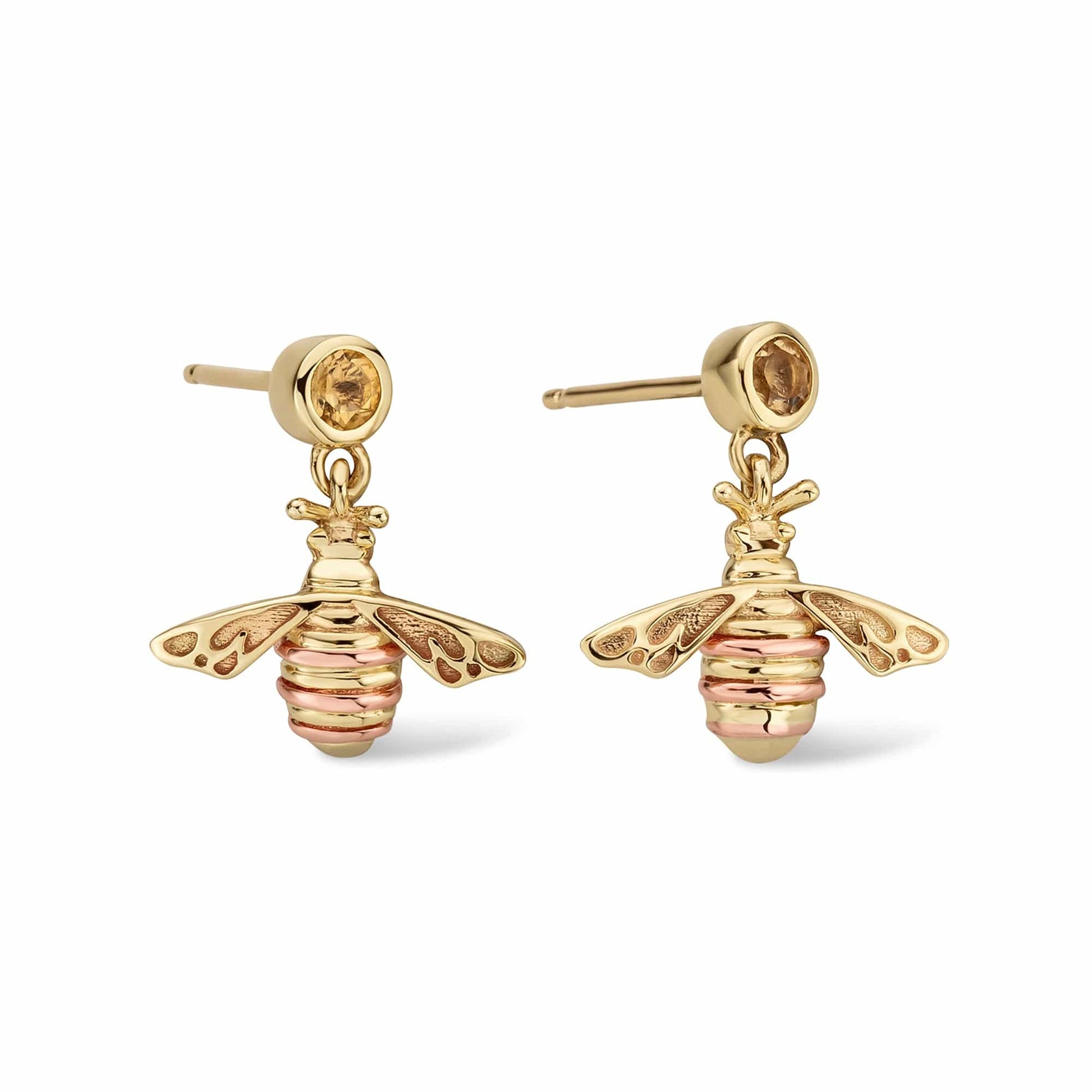 Nature's Wonder 9ct Solid Gold Honey Bee Drop Earrings with Citrine